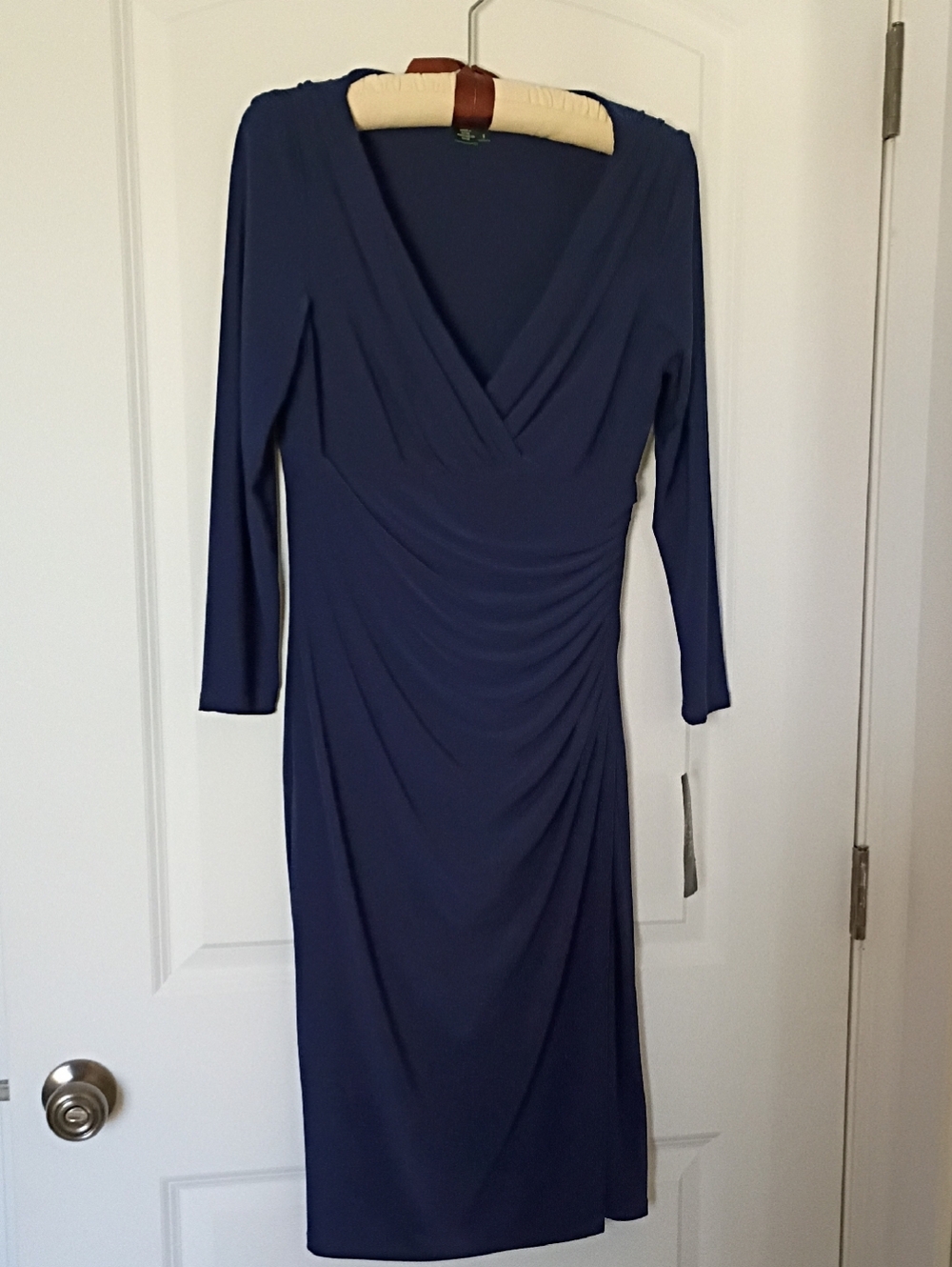 Ralph Lauren NWT Navy V-Neck Ruched Midi Dress